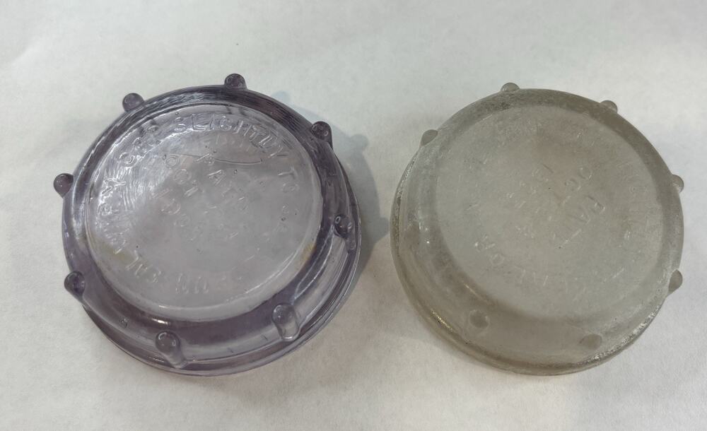 2 Vintage Simplex Glass Mason Jar Lids Pat 1905 Amethyst Purple Clear As Is